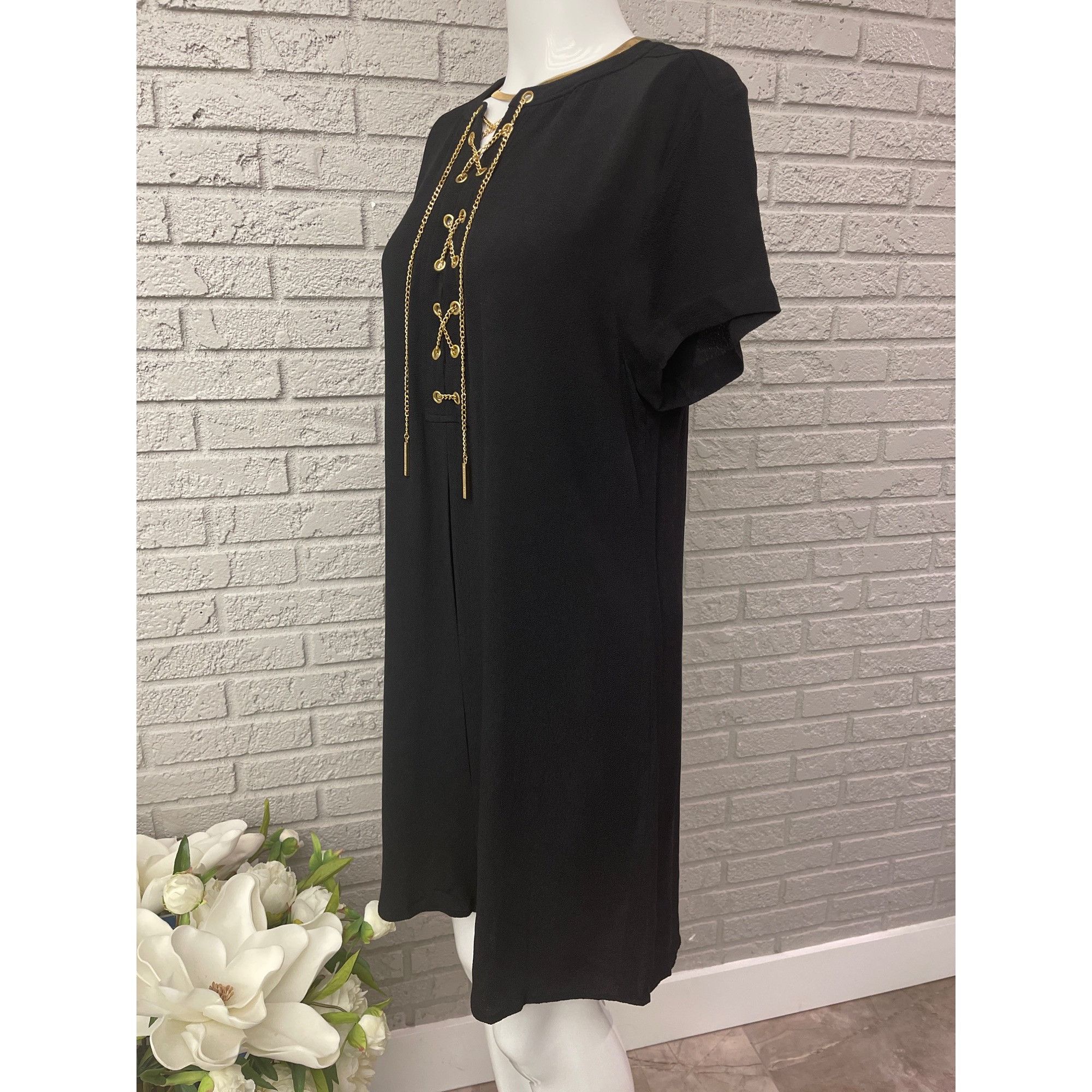Michael Kors High / Low Gold Chain Lace - Up Shift Dress M