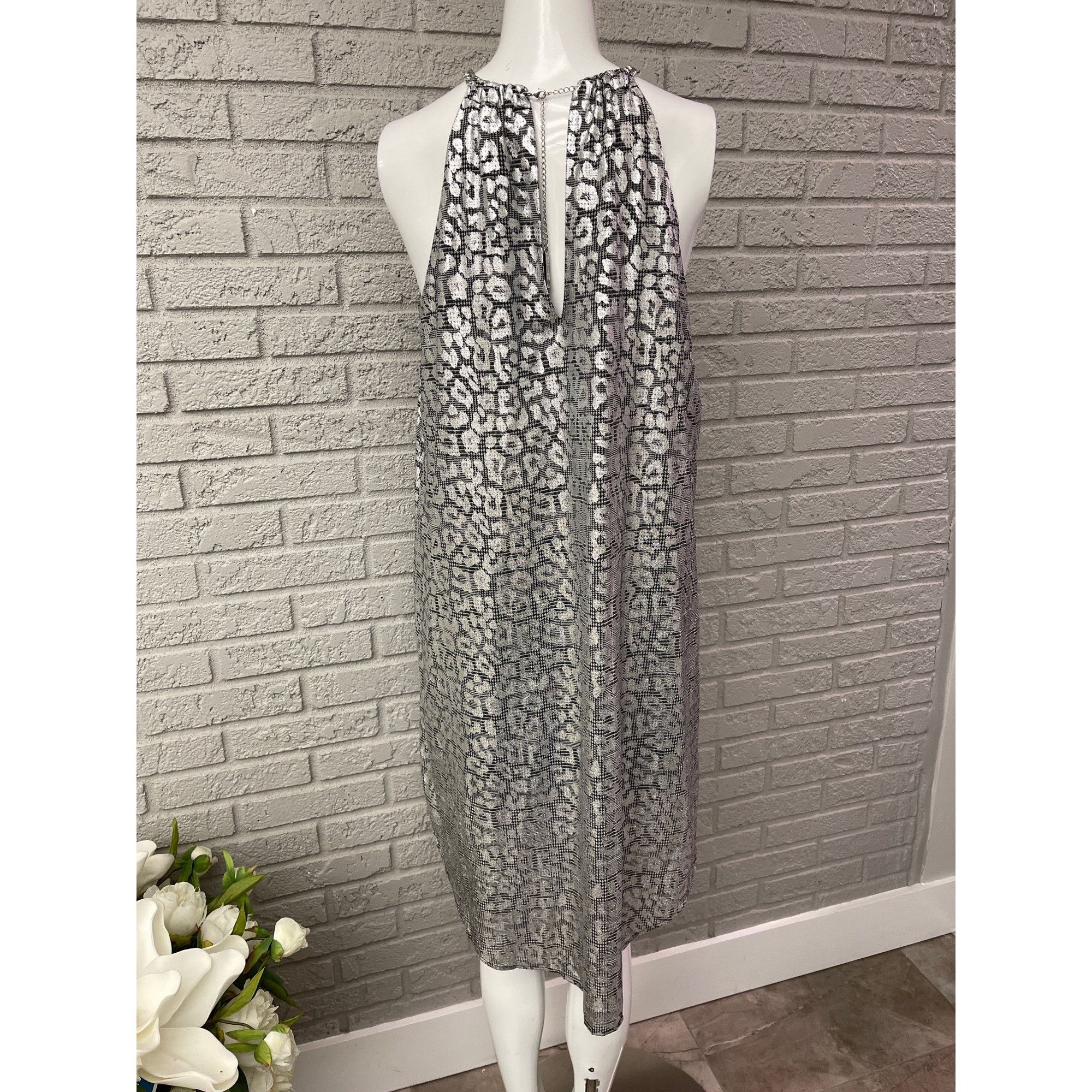 Michael Kors High/Low Metallic Silver Chain Halter Dress SP - toestory.in