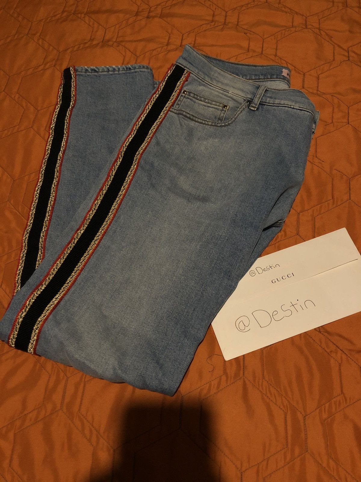 Palm Angels PALM ANGELS SKINNY DENIM LIGHT WASH TRACK PANT Size US 33 - 1 Thumbnail