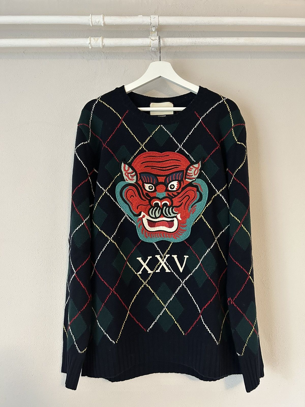 image of Gucci 'xxv' Argyle Appliqué Wool Sweater in Navy, Men's (Size Large)