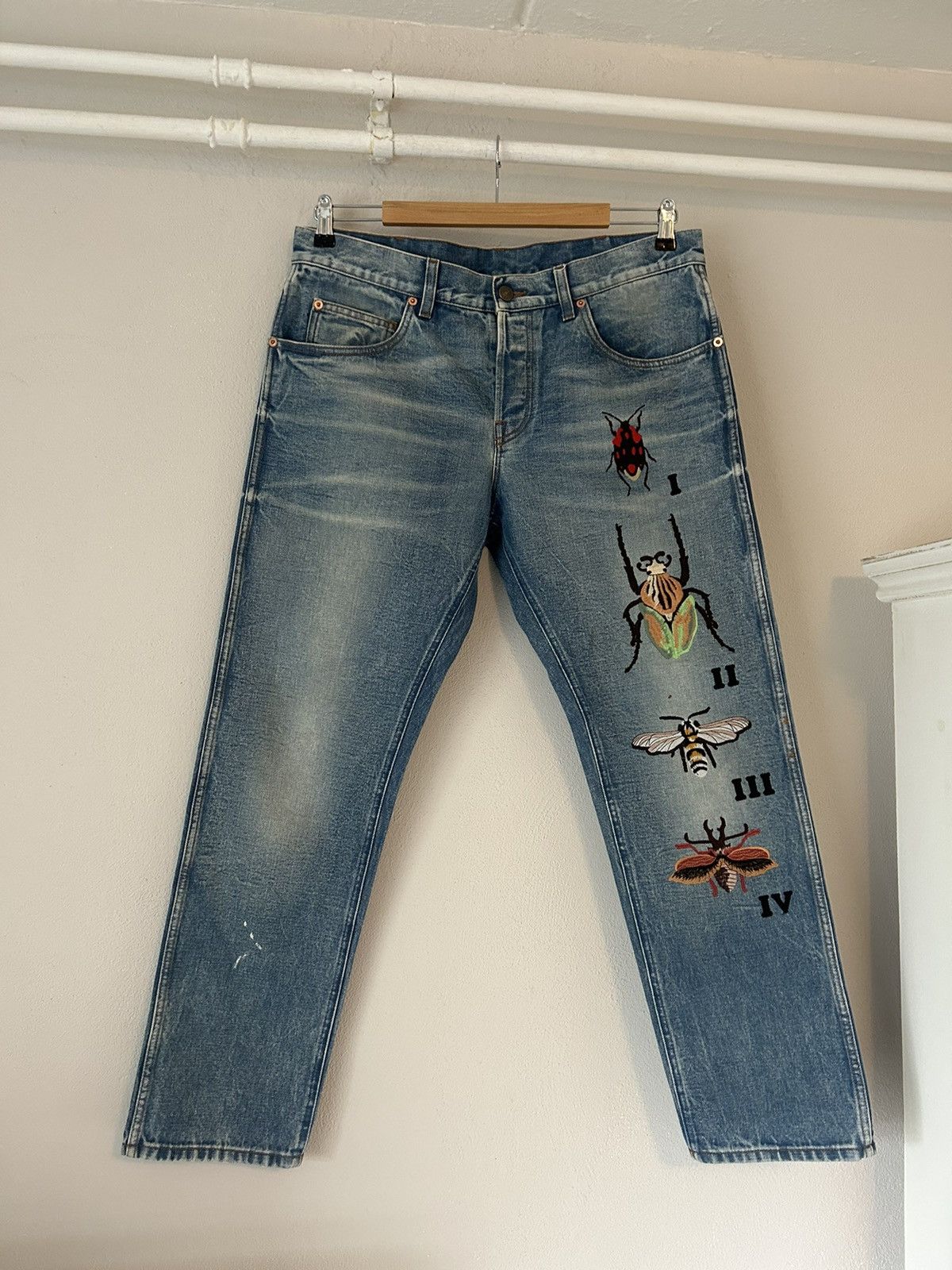 Image of Gucci Bug Embroidered Jeans in Blue, Men's (Size 36)