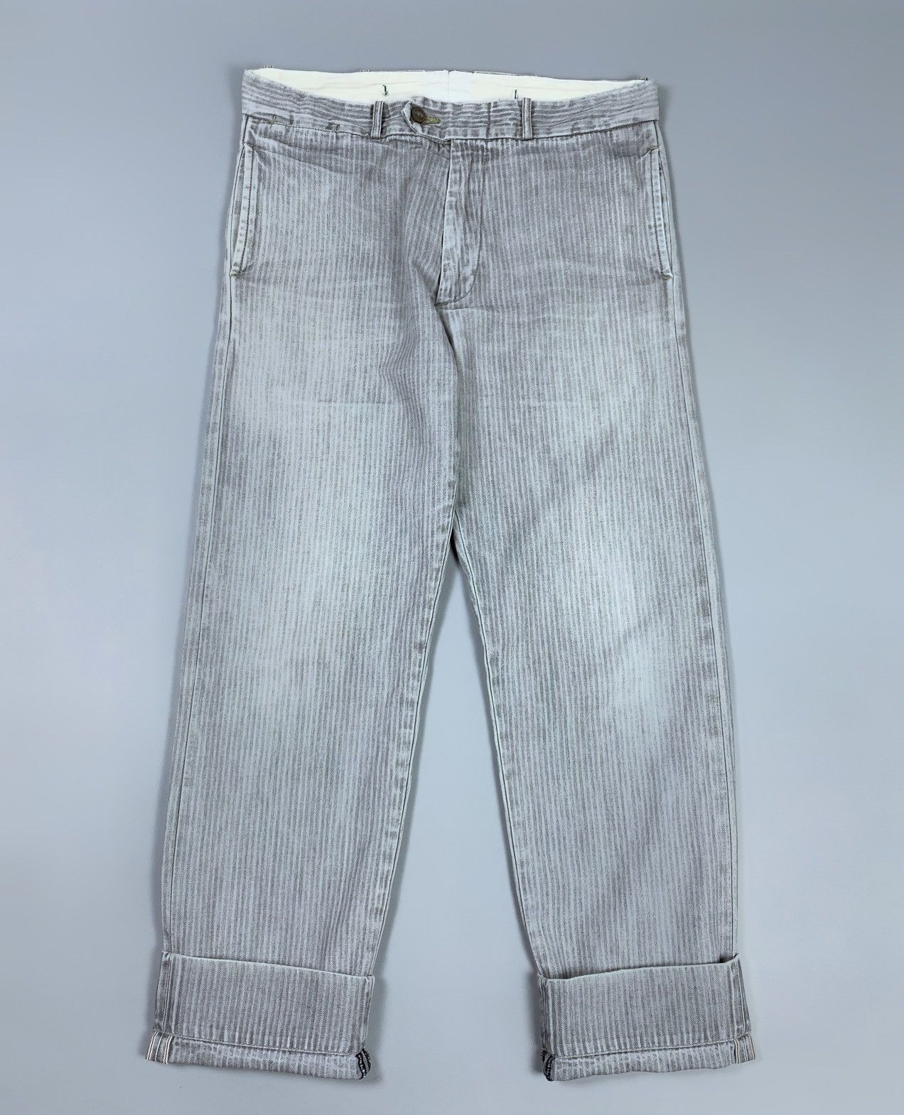 image of Italian Designers x Salvage Scarti-Lab Japanese Selvage Striped Denim Pants Size 31 in Grey, Men's