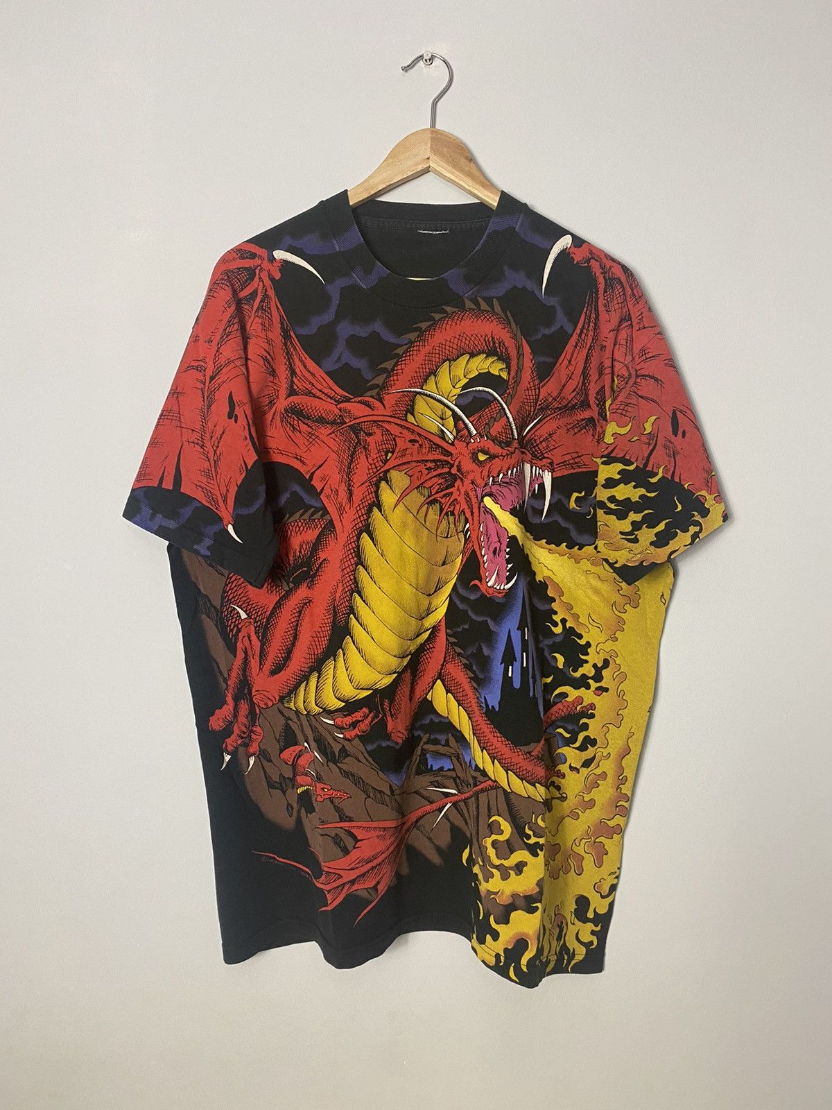 image of Vintage 1993 Liquid Blue Dragon Duel All Over Print Tee in Black, Men's (Size XL)