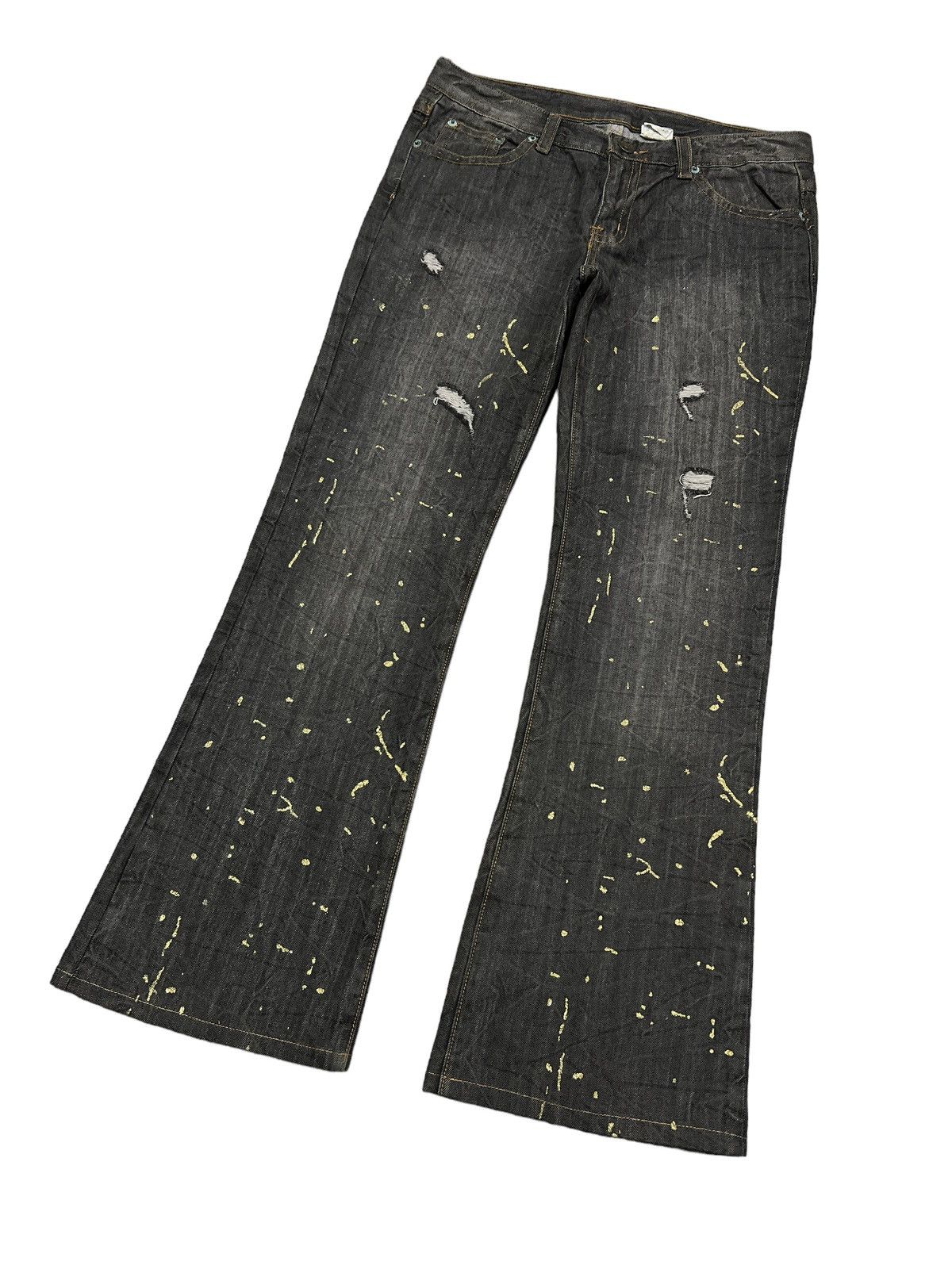 FLARED💥THRASHED AGATE LABEL RIPPED SPLATTERED DENIM PANT