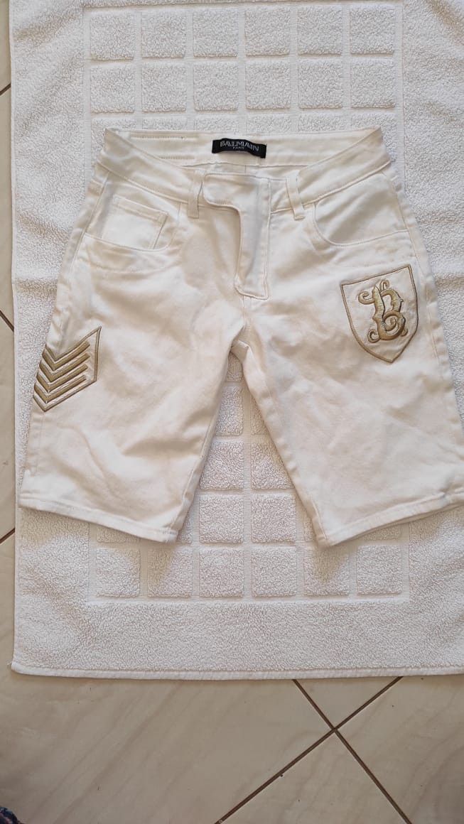 Balmain Paris Gold Engraved Logo White Sailor Shorts