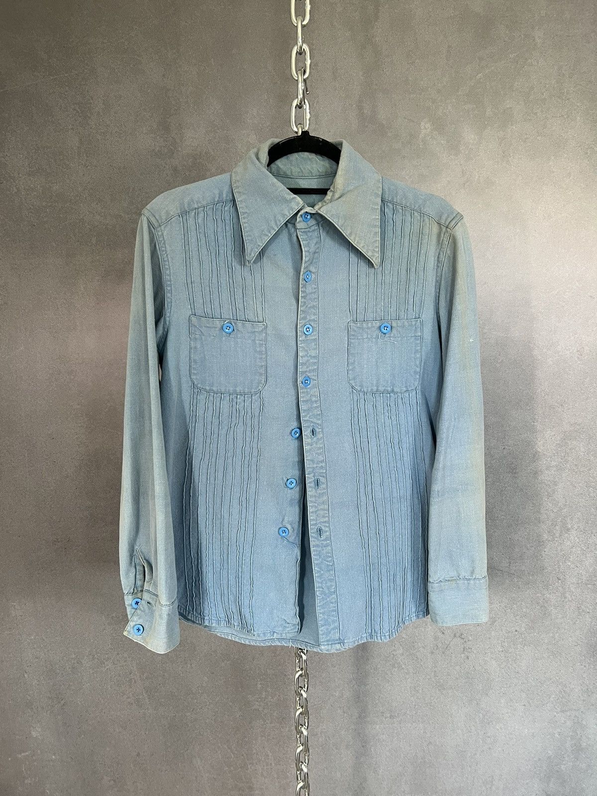 60s India imports blue pleated point collar cotton shirt 38