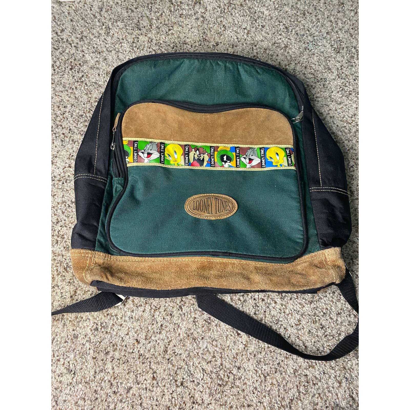 Warner Bros 1998 Vintage Looney Tunes Green Suede Backpack | Grailed