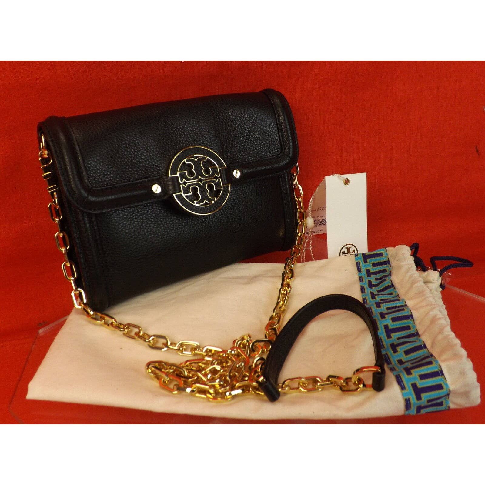 Tory Burch AMANDA BLACK LEATHER REVA CHAIN WALLET CROSSBODY CLUTCH 