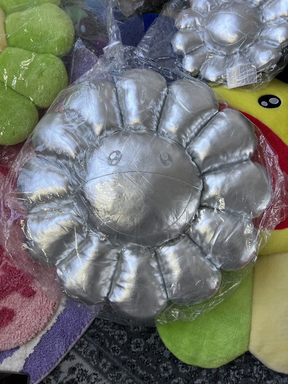 image of Takashi Murakami Silver Metallic Flower Cushion Plush 60Cm in Metalic Silver, Men's