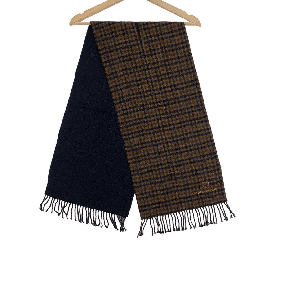 image of Vintage Mila Schon Cherckered Scarves Muffler Wool in Navy/Brown, Women's