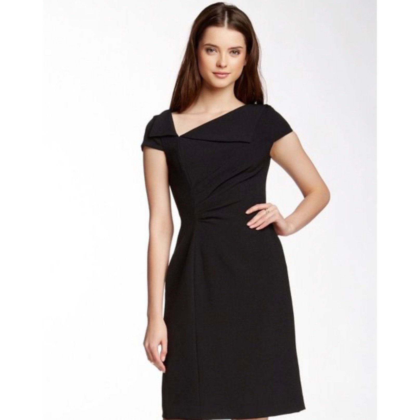 Tahari Arthur S Levine Black Asymmetric Neck Sheath Dress 14