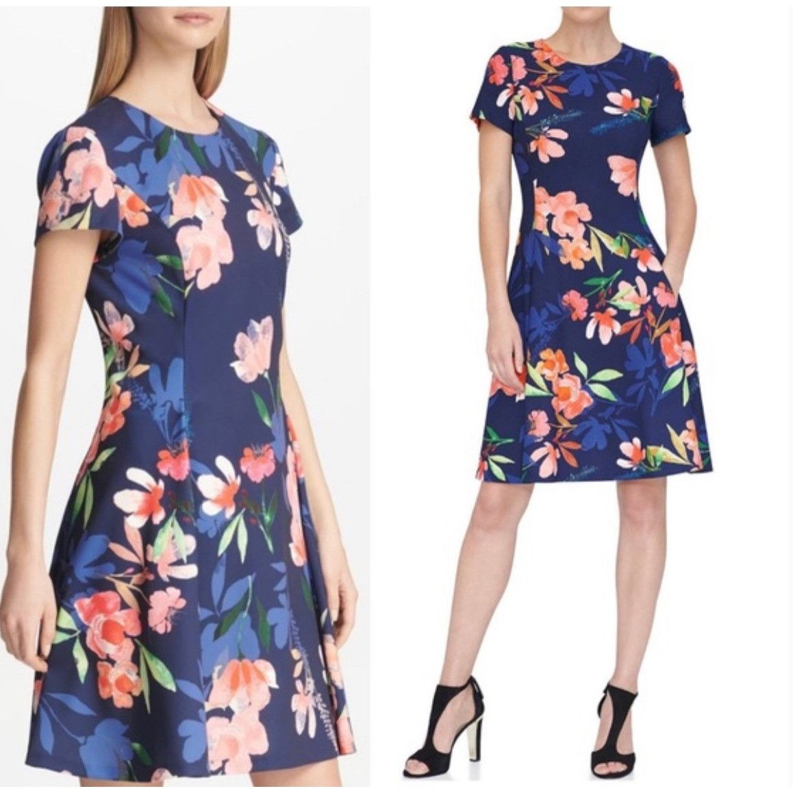 DKNY Floral A-Line Crepe Dress with Pockets Size 16