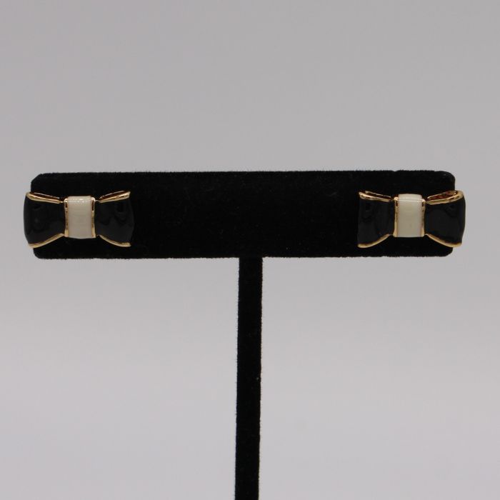 Kate Spade Take a Bow Black & Cream Striped Studs Earrings New On Card