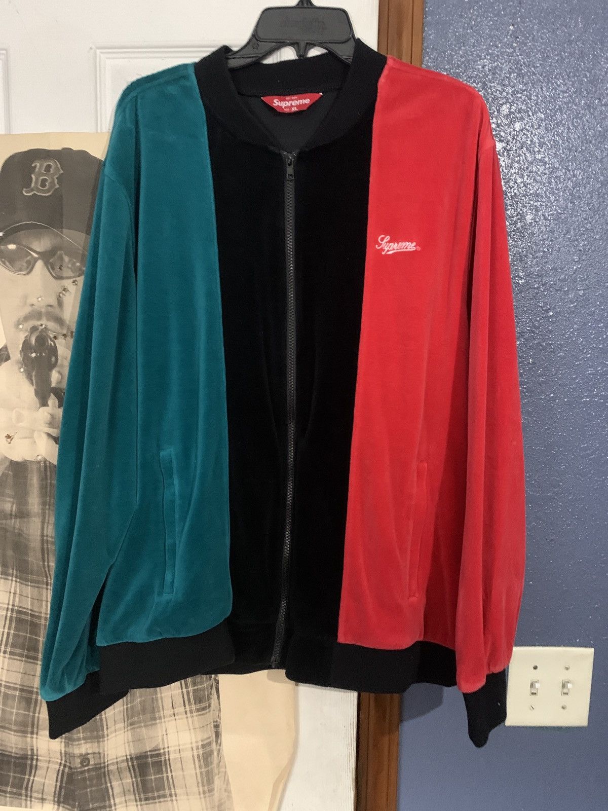 Supreme green/black/red velour supreme zip up | Grailed