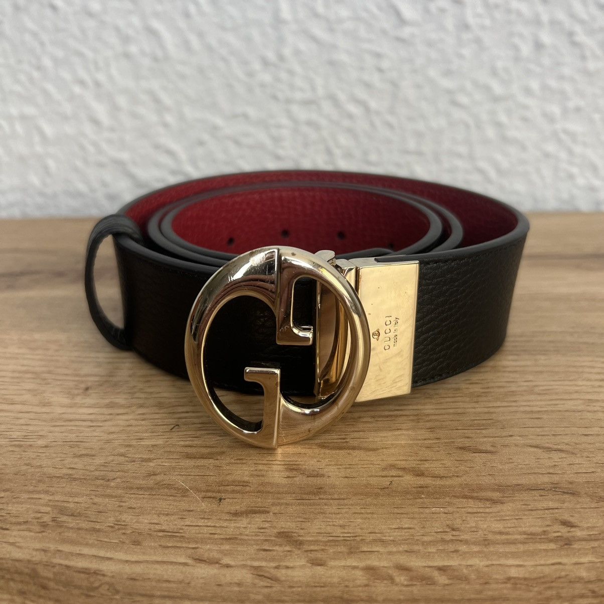 Gucci Gucci GG Black Red Leather Belt Gold Size ONE SIZE - 1 Thumbnail
