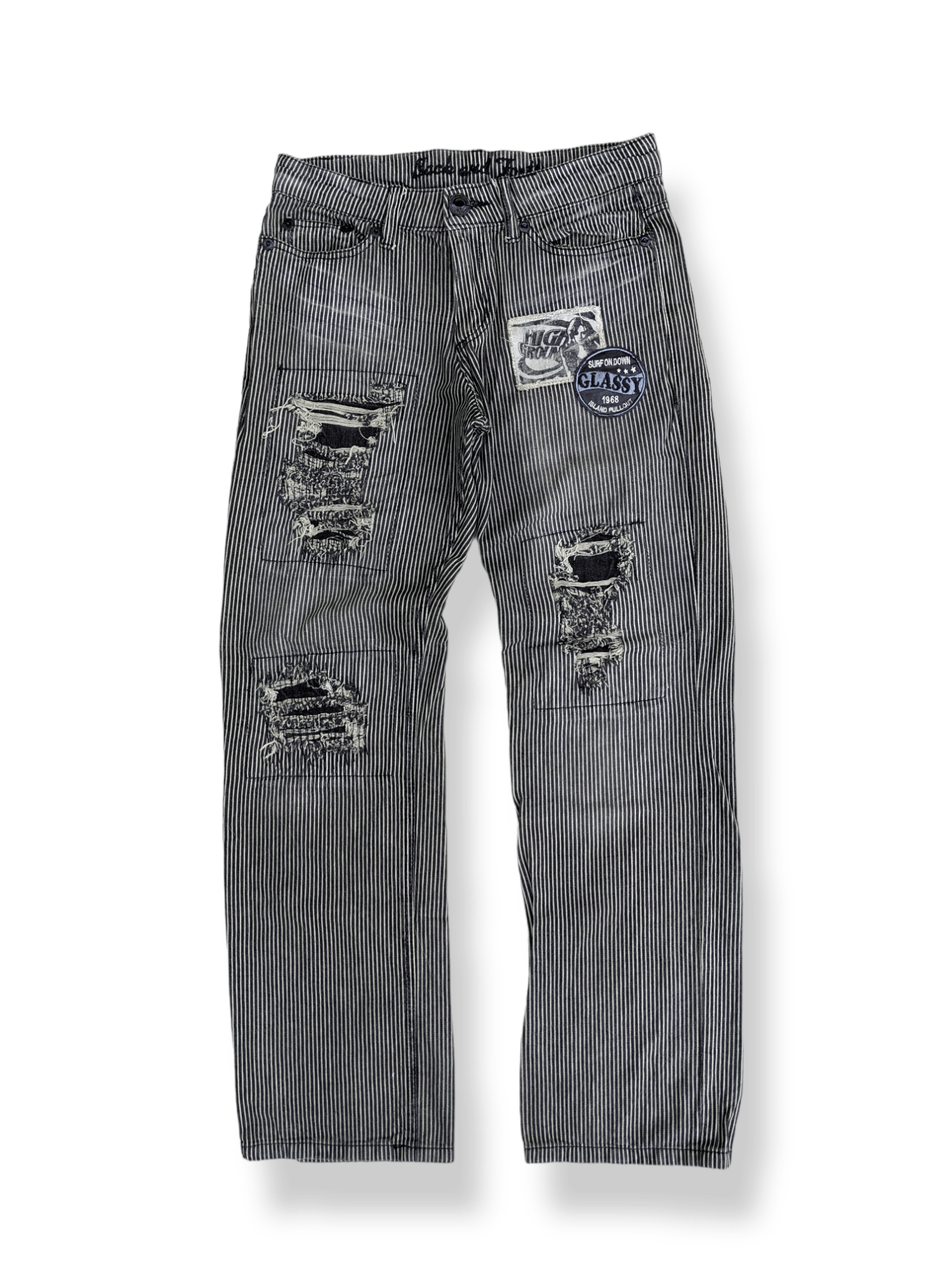 image of Distressed Denim Back And Forth Distressed Patchwork Hickory Pants in Hickory Stripe (Size 31)