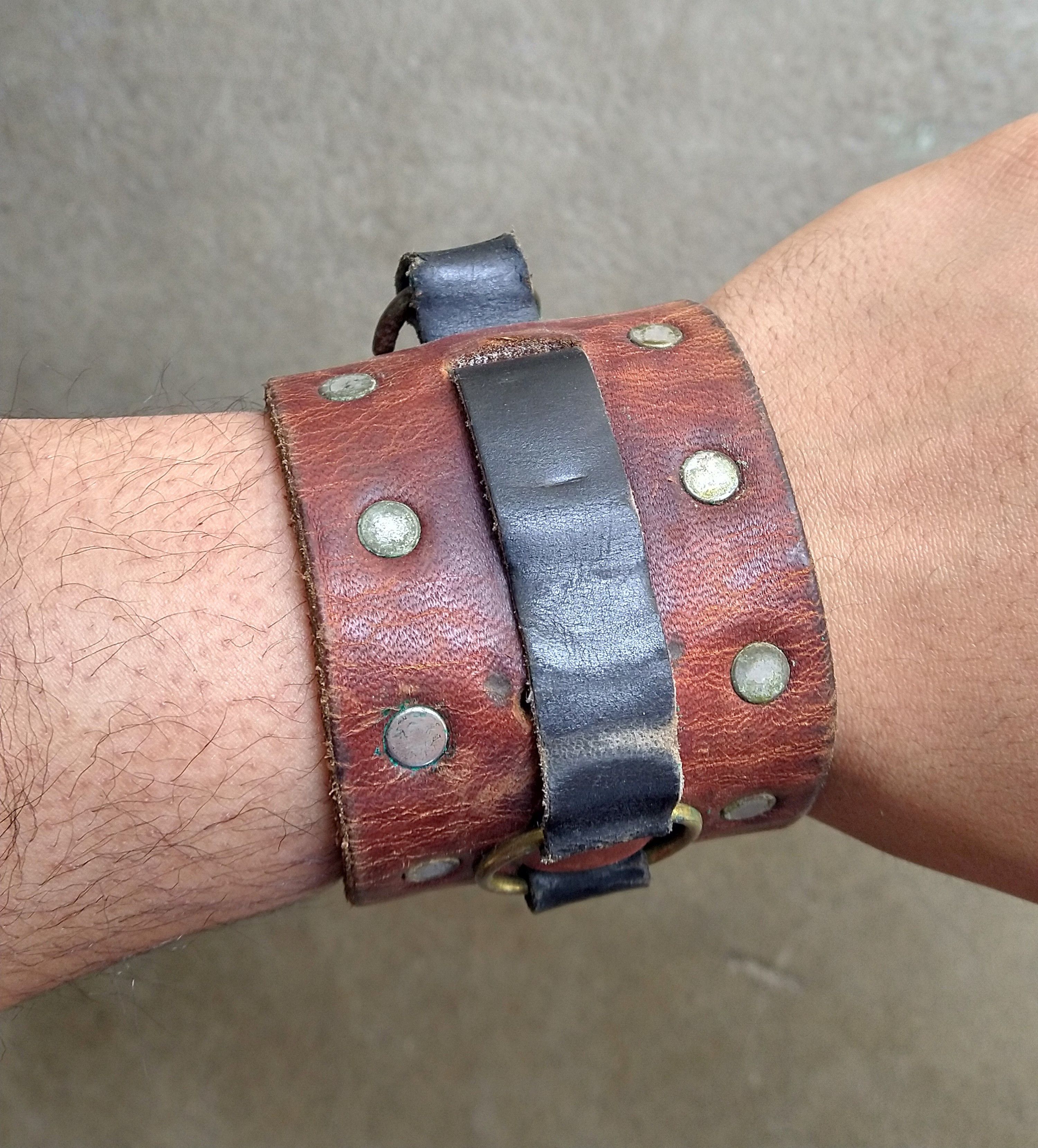 Genuine Leather Brown Leather Bracelet Wide Adjustable Brass Size ONE SIZE - 8 Thumbnail