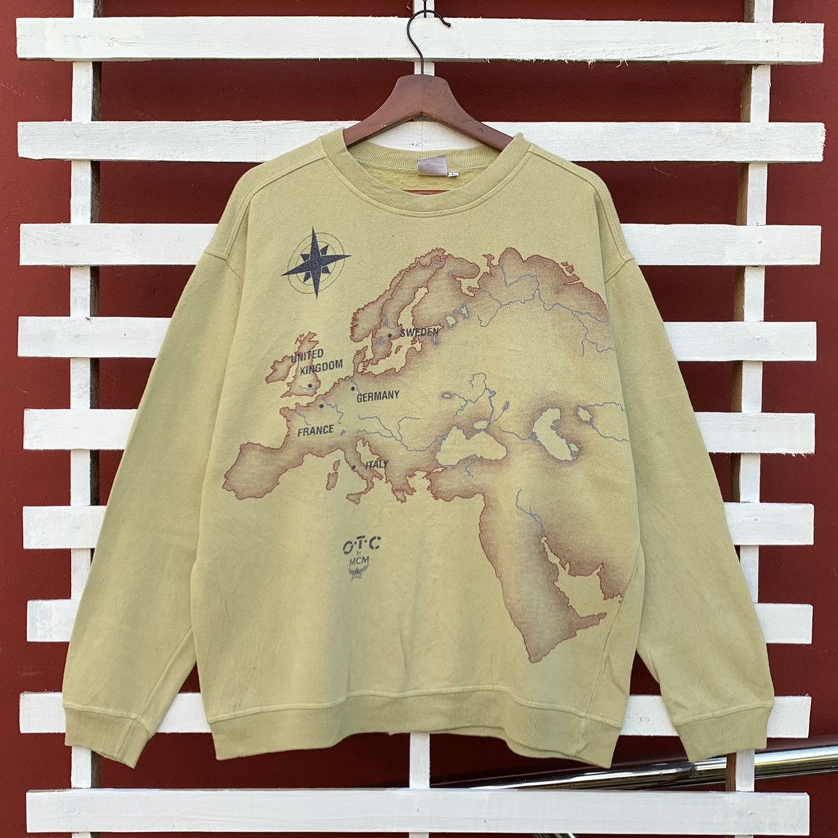 image of Vintage MCM Otc Europe Maps Sweatshirt in Green Olive, Men's (Size Large)