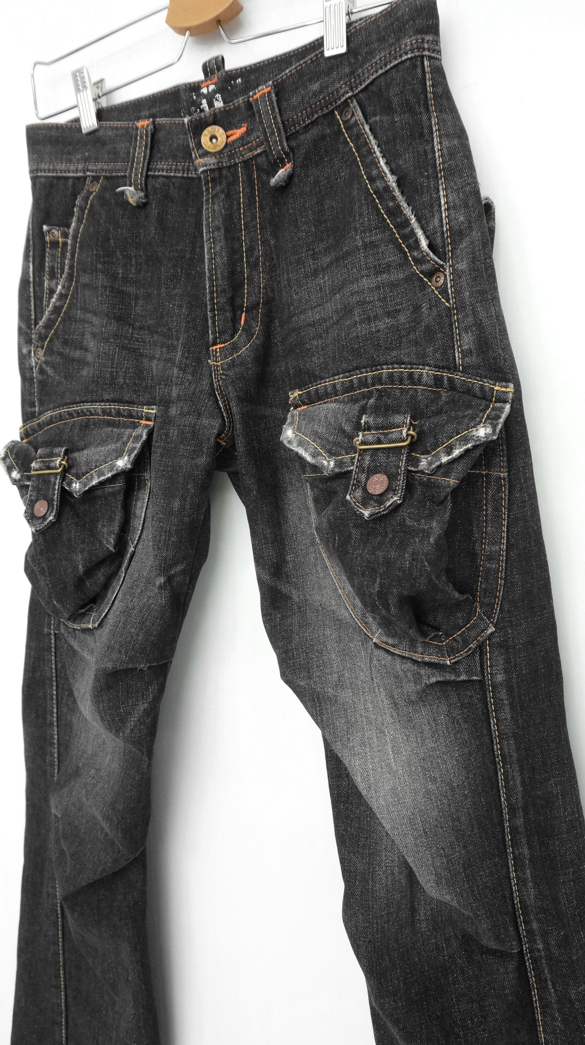 image of Distressed Denim x Edwin 503 Black Flared Cargo Jeans, Men's (Size 28)