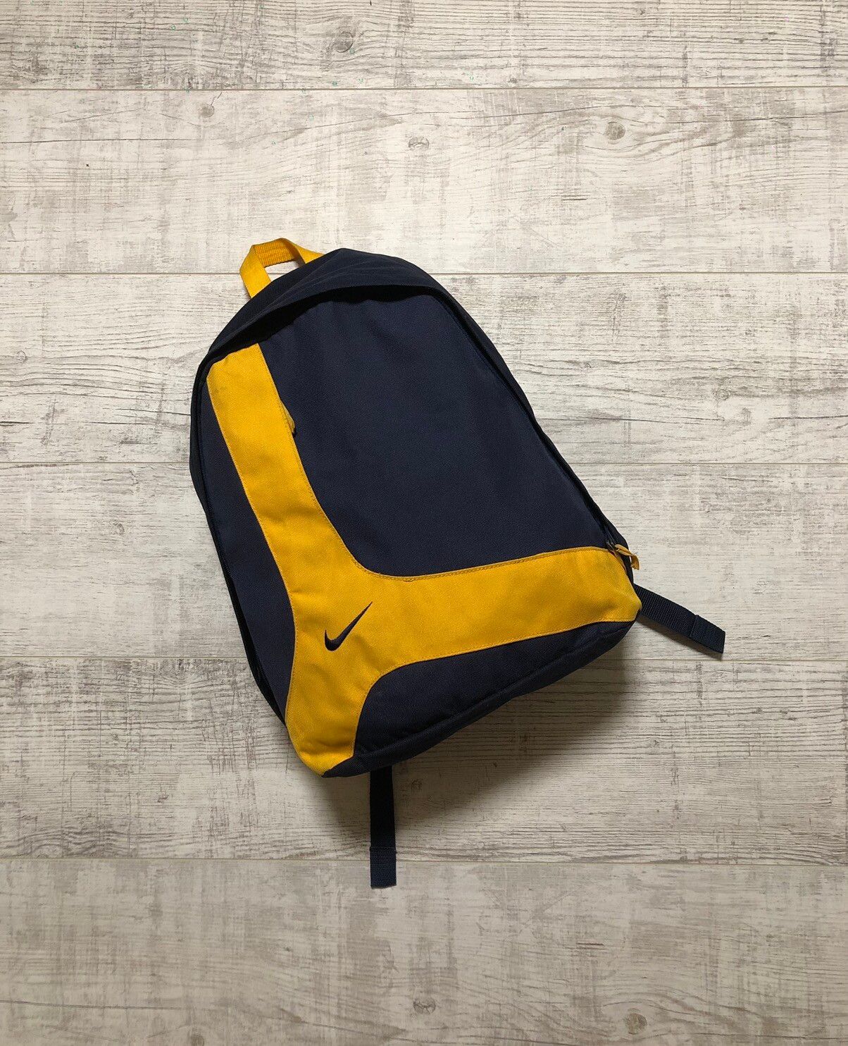 Pre-owned Nike X Vintage 90's Nike Backpack Bag Embroidered Swoosh Logo In Navy Blue/yellow