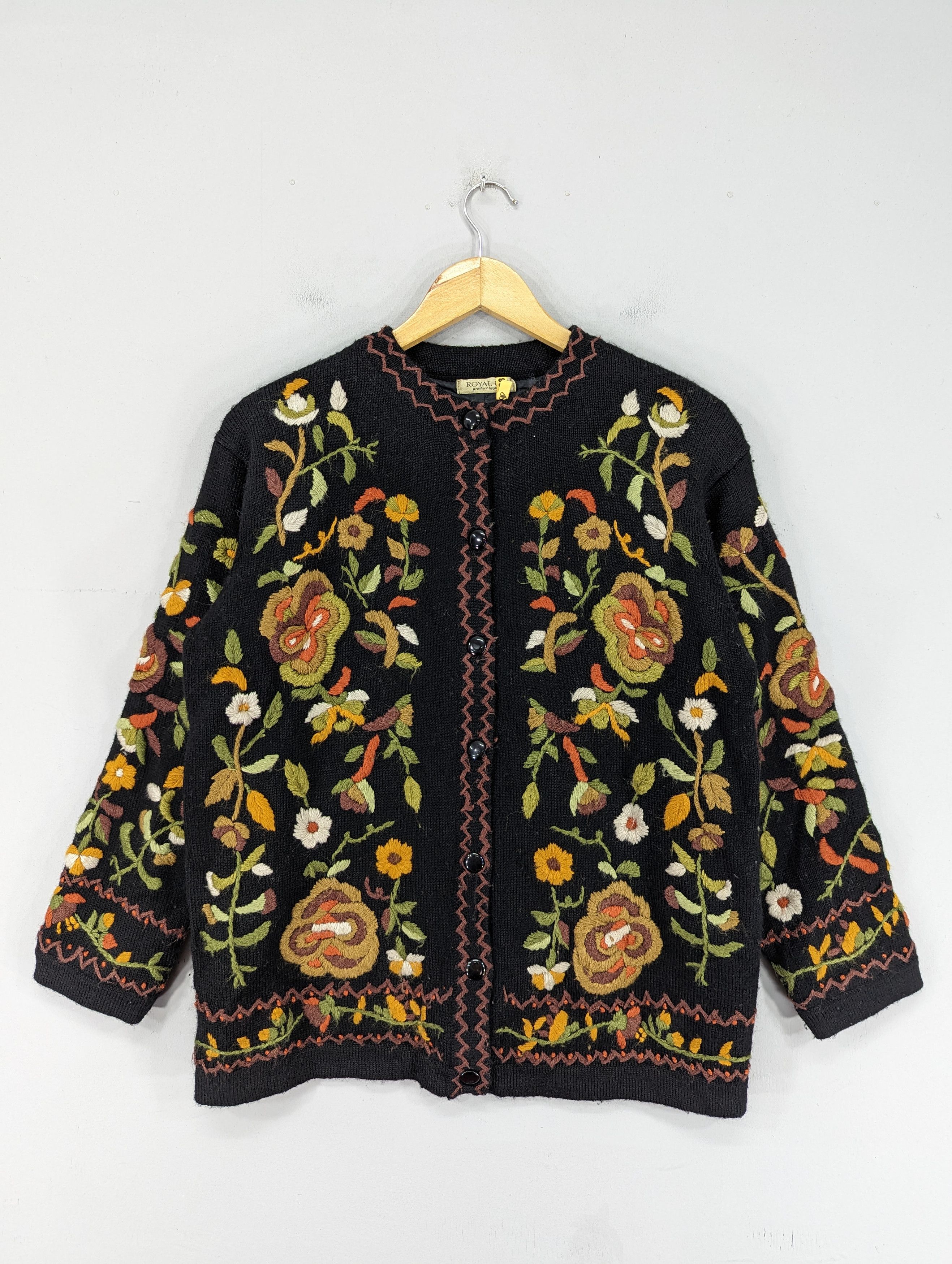image of Avant Garde x Coloured Cable Knit Sweater vintage Royal City Knit Floral Embroidery Button Ups (Siz