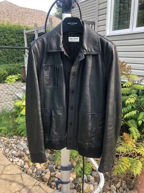 image of Hedi Slimane x Saint Laurent Paris Leather Trucker Jacket in Black, Men's (Size Small)