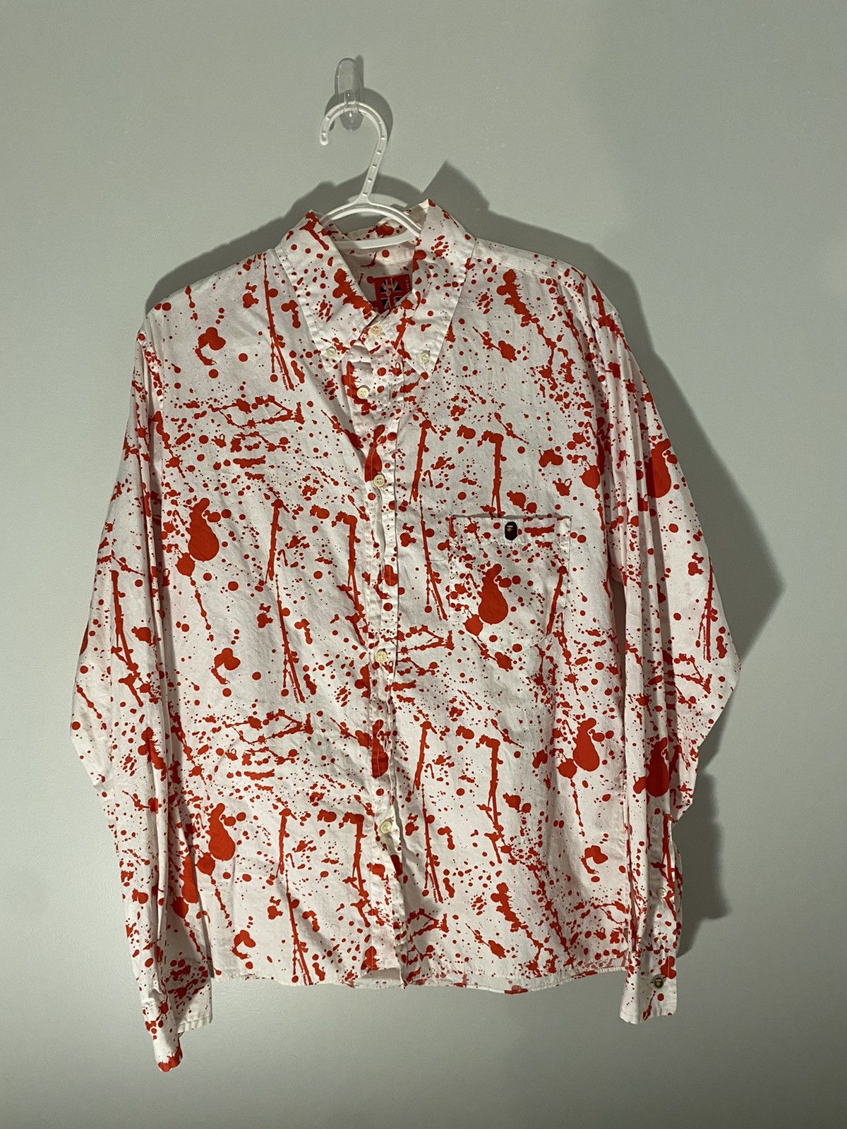 image of Bape Blood/paint Splatter Button Down Shirt in White, Men's (Size Large)