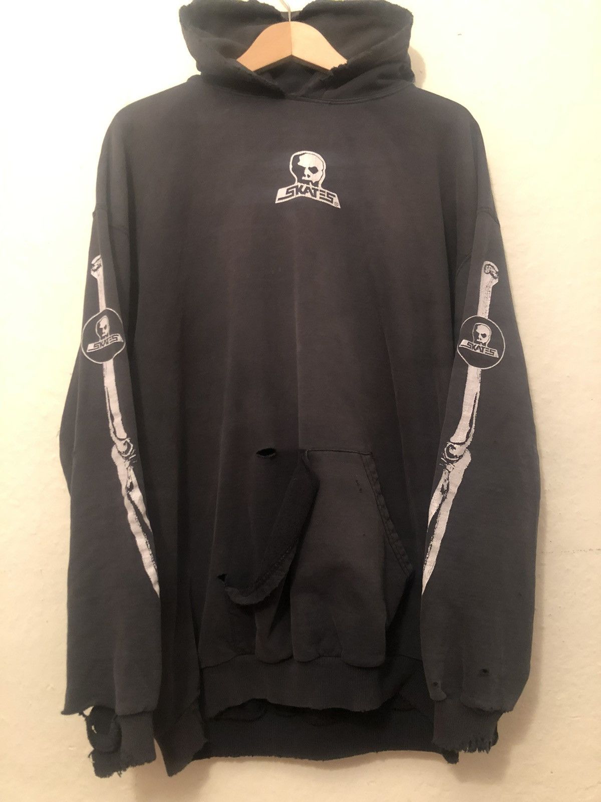 image of Skategang x Vintage Skull Skateboard Thrashed Hoodie Skeleton in Faded Black, Men's (Size XL)