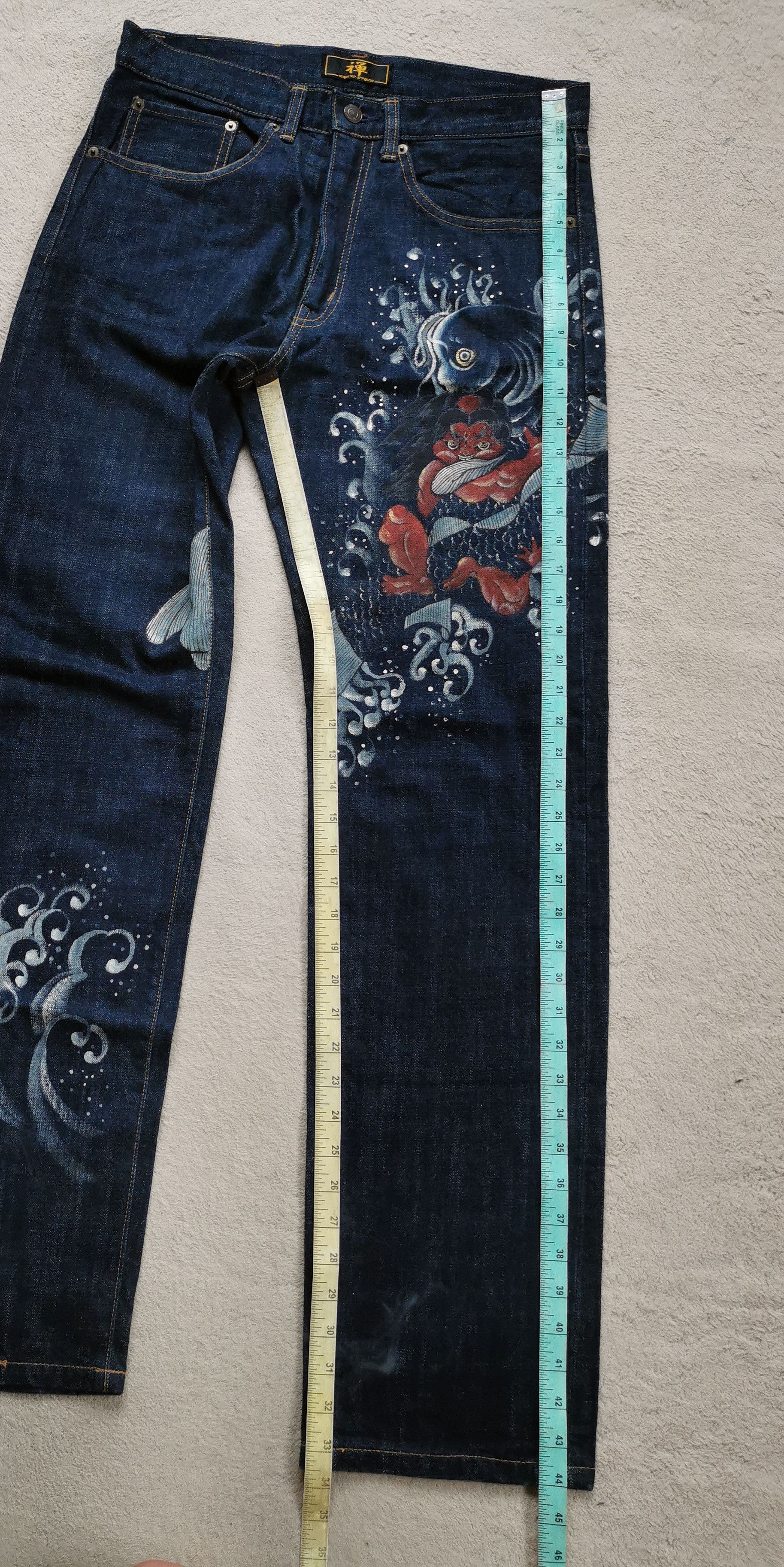 Kyodan Zen Kyoden God With Fish Waves Hand Painted Japan Jeans Size US 32 / EU 48 - 9 Thumbnail