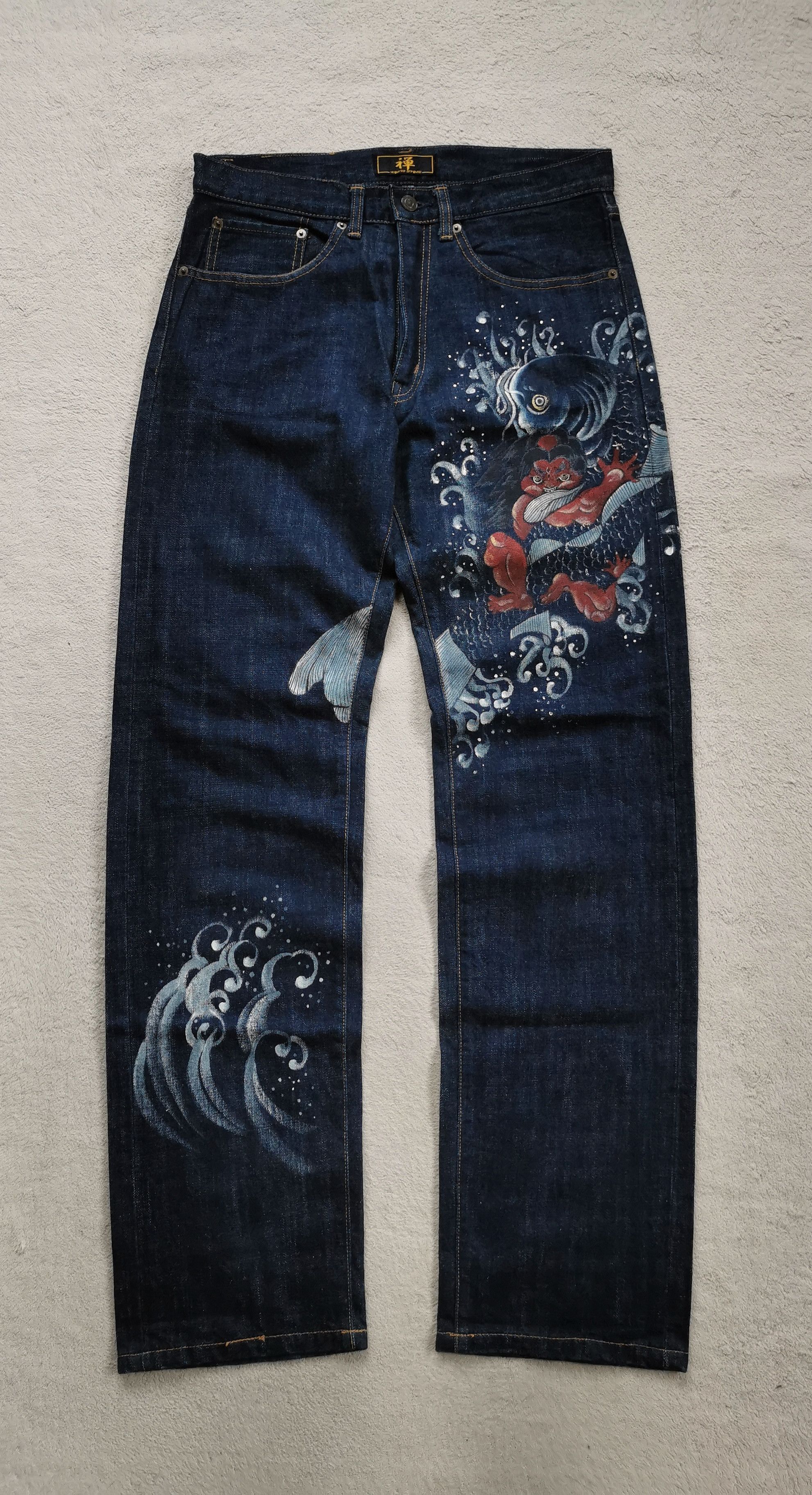 Kyodan Zen Kyoden God With Fish Waves Hand Painted Japan Jeans Size US 32 / EU 48 - 1 Thumbnail