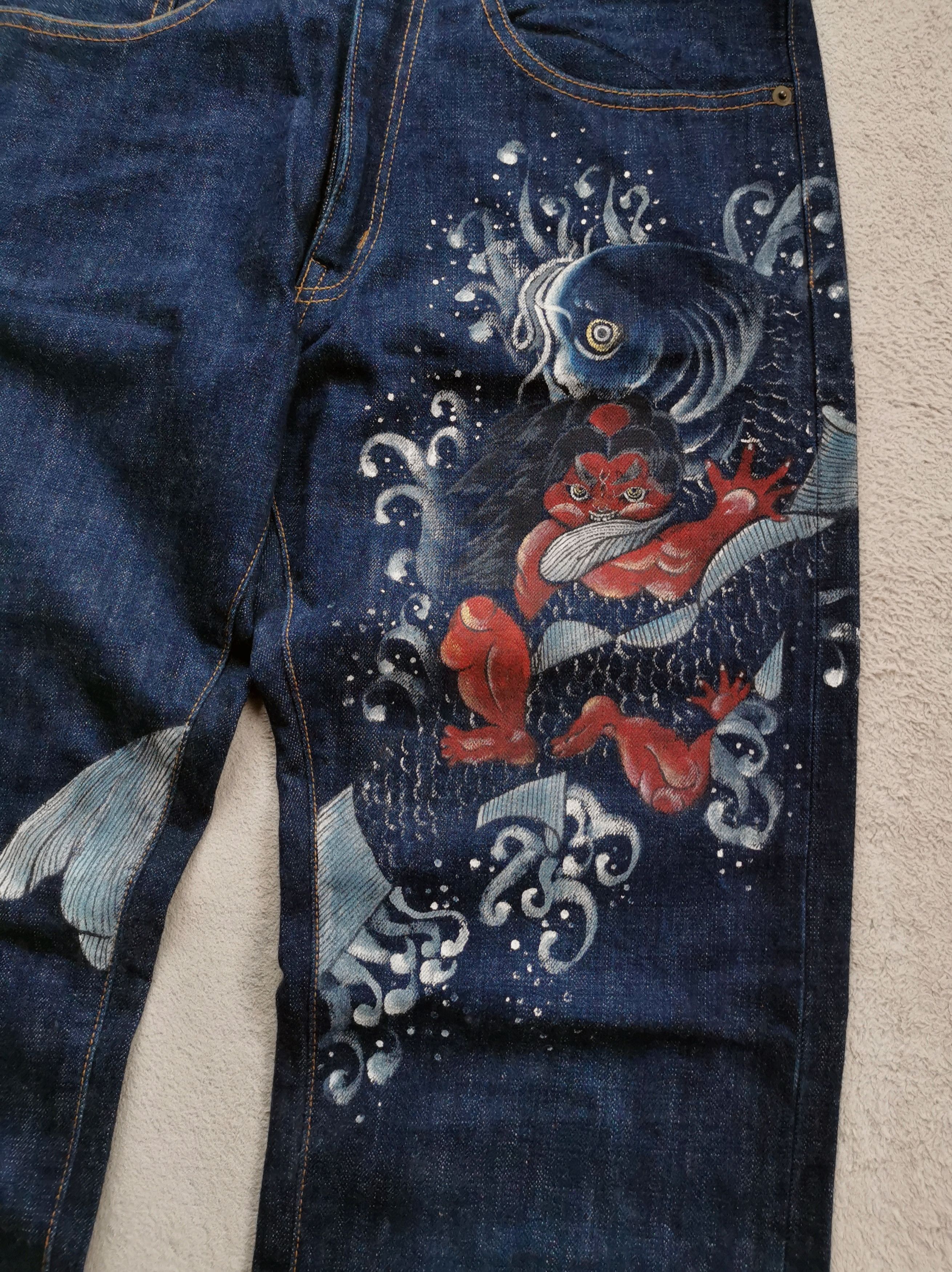 Kyodan Zen Kyoden God With Fish Waves Hand Painted Japan Jeans Size US 32 / EU 48 - 3 Thumbnail