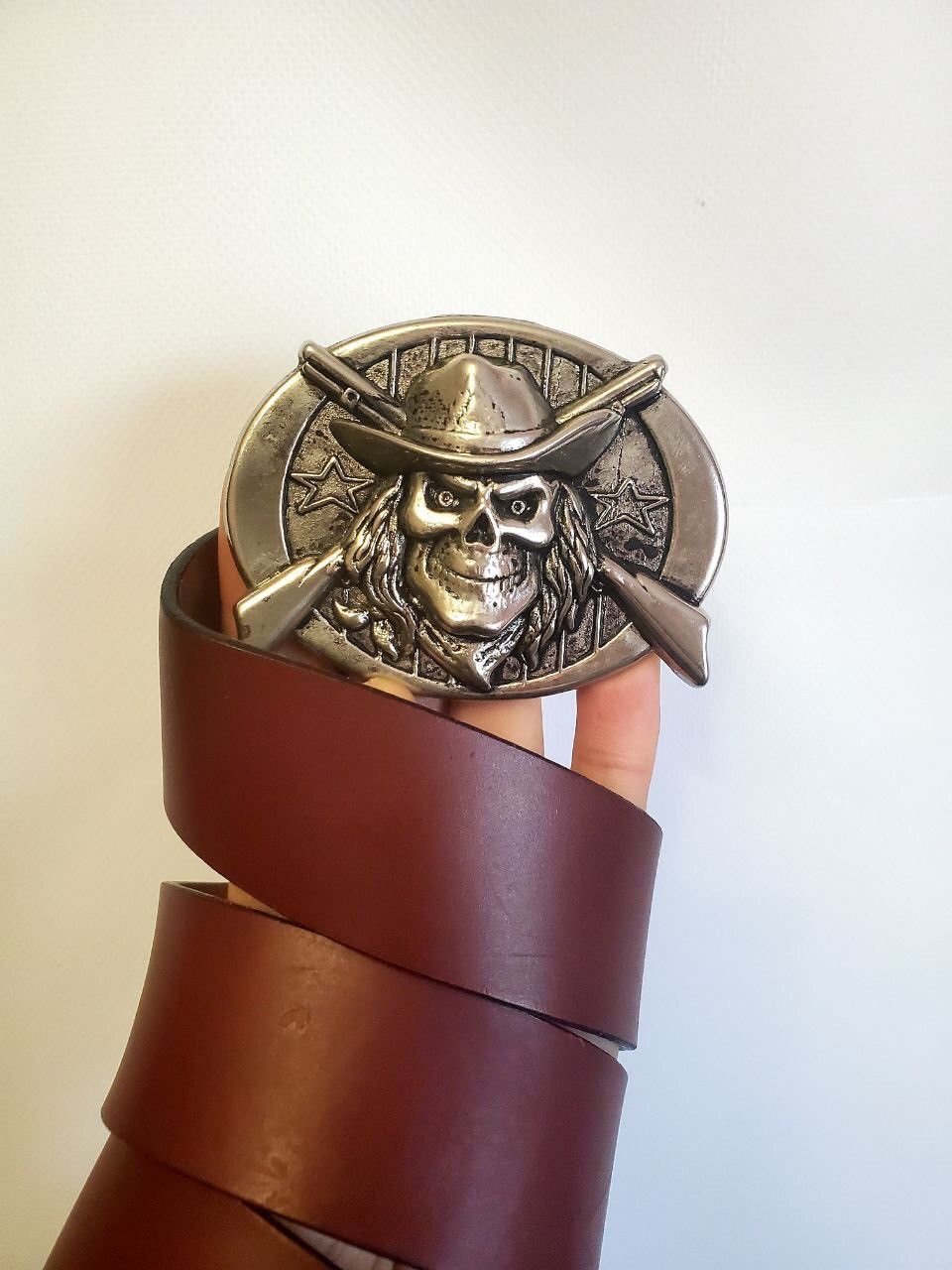 Leather × Vintage Rare Brown Leather Vintage Men’s Belt Skull Metal Buckle Size ONE SIZE - 1 Thumbnail