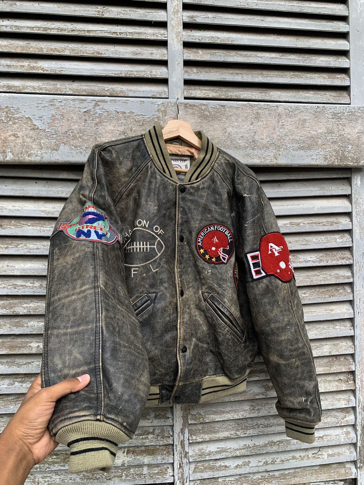 Vintage 👹Vintage American Football Leather Bomber Jacket Size US L / EU 52-54 / 3 - 13 Thumbnail