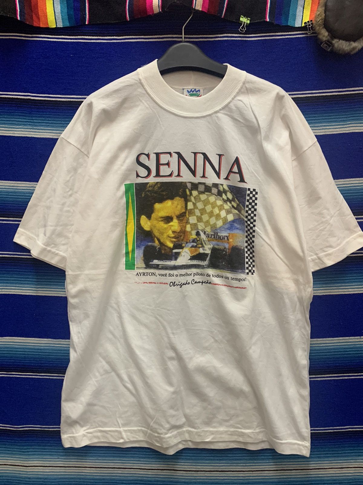 image of Formula Uno x Racing Vintage Aryton Senna F1 Tshirt Rio Brasil in White, Men's (Size Large)