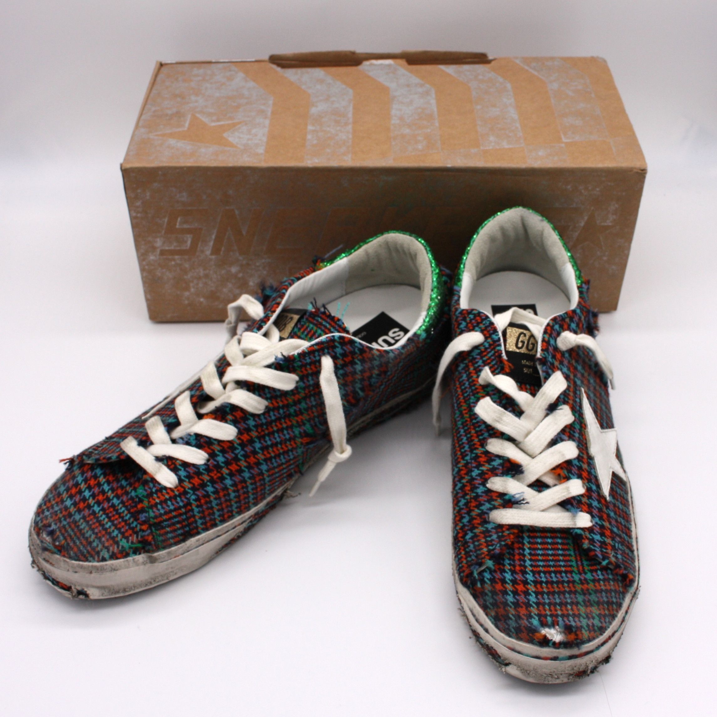 Golden Goose Superstar Plaid Check Green Glitter Sneakers