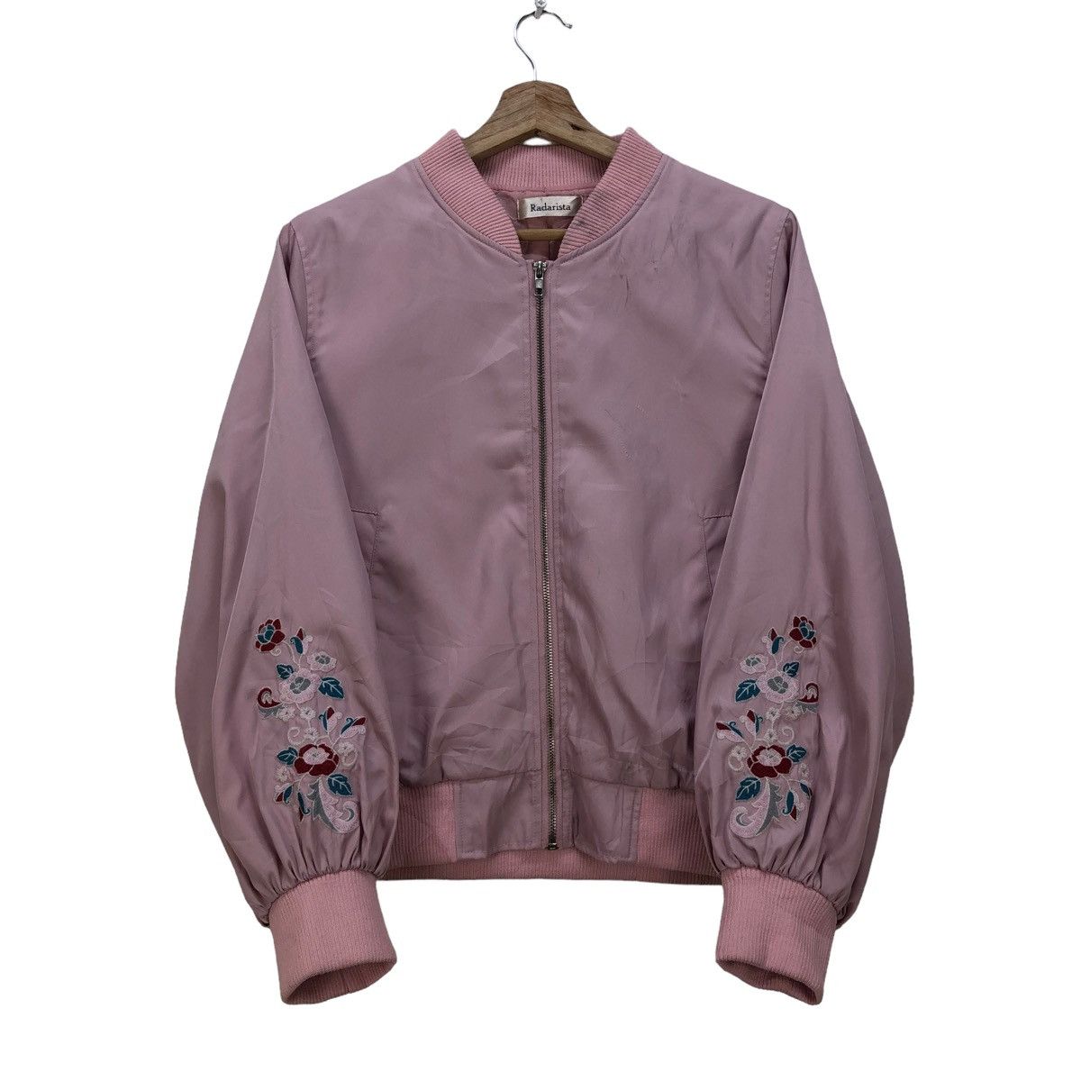 image of Bomber Jacket x Sukajan Souvenir Jacket Radarista Embroidery Flower Logo On Cuff in Pink (Size Medi