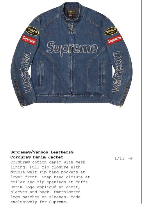 Supreme Vanson Leathers Cordura Denim Jacket Blue