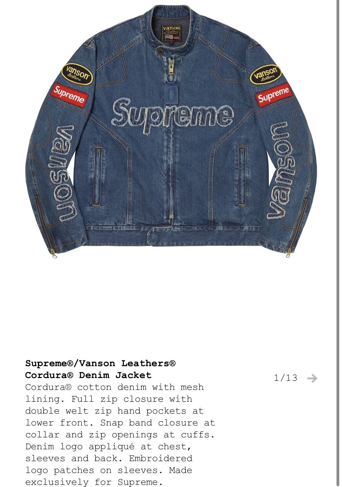 image of Supreme Vanson Leathers Cordura Denim Blue Xl, Men's