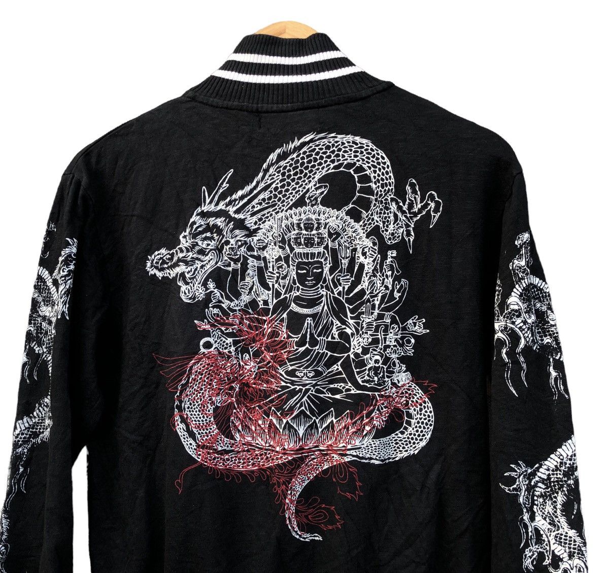 Japanese Brand Over Print Sukajan Dragon Buddha Varsity Jacket Size US S / EU 44-46 / 1 - 3 Thumbnail
