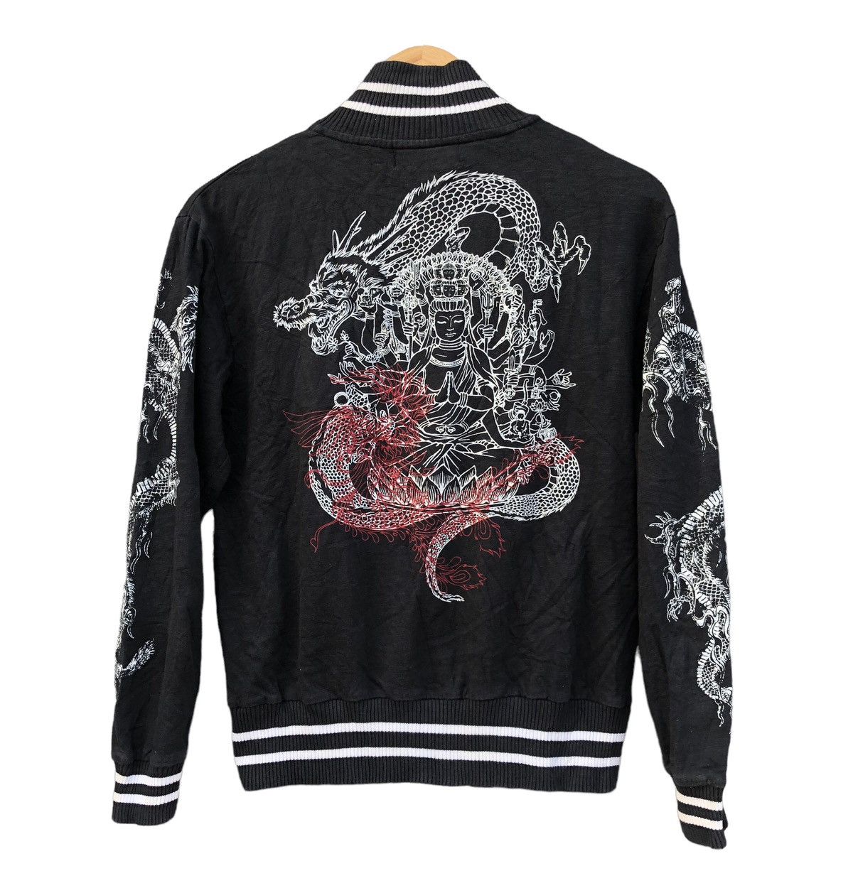 Japanese Brand Over Print Sukajan Dragon Buddha Varsity Jacket Size US S / EU 44-46 / 1 - 2 Thumbnail