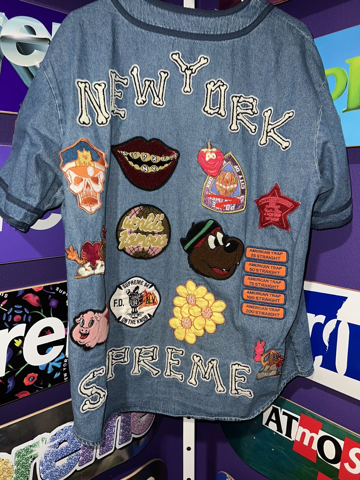 Supreme Patches Denim Baseball Jersey