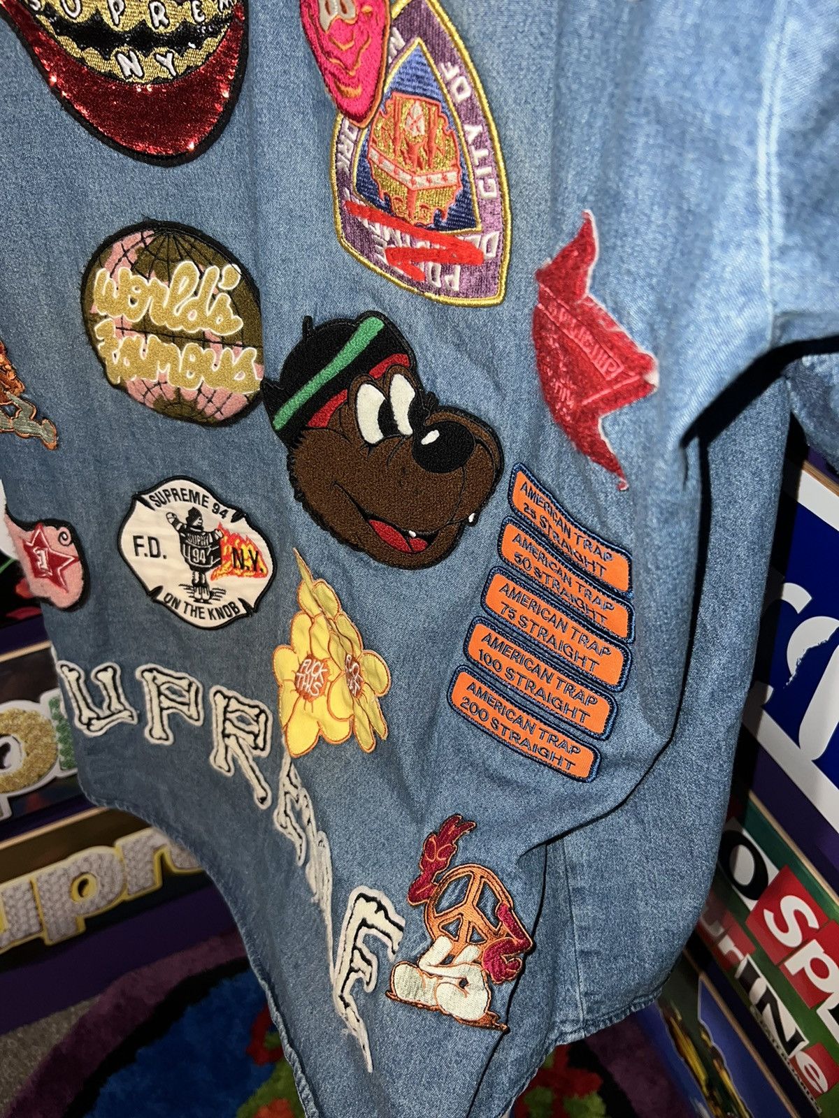 Supreme Patches Denim Baseball Jersey