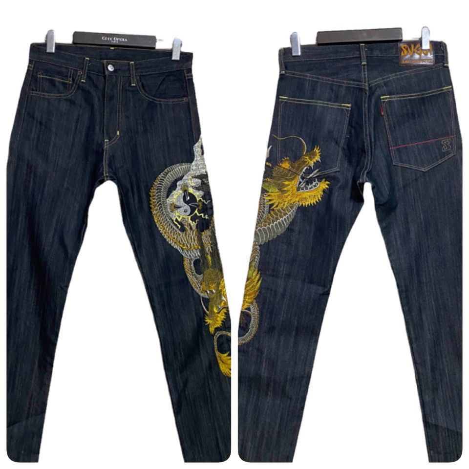 image of Dragonfly x Mafia Sugoi Japan Tattoo Denim Embroidery Jeans Dragon Fly in Black, Men's (Size 30)