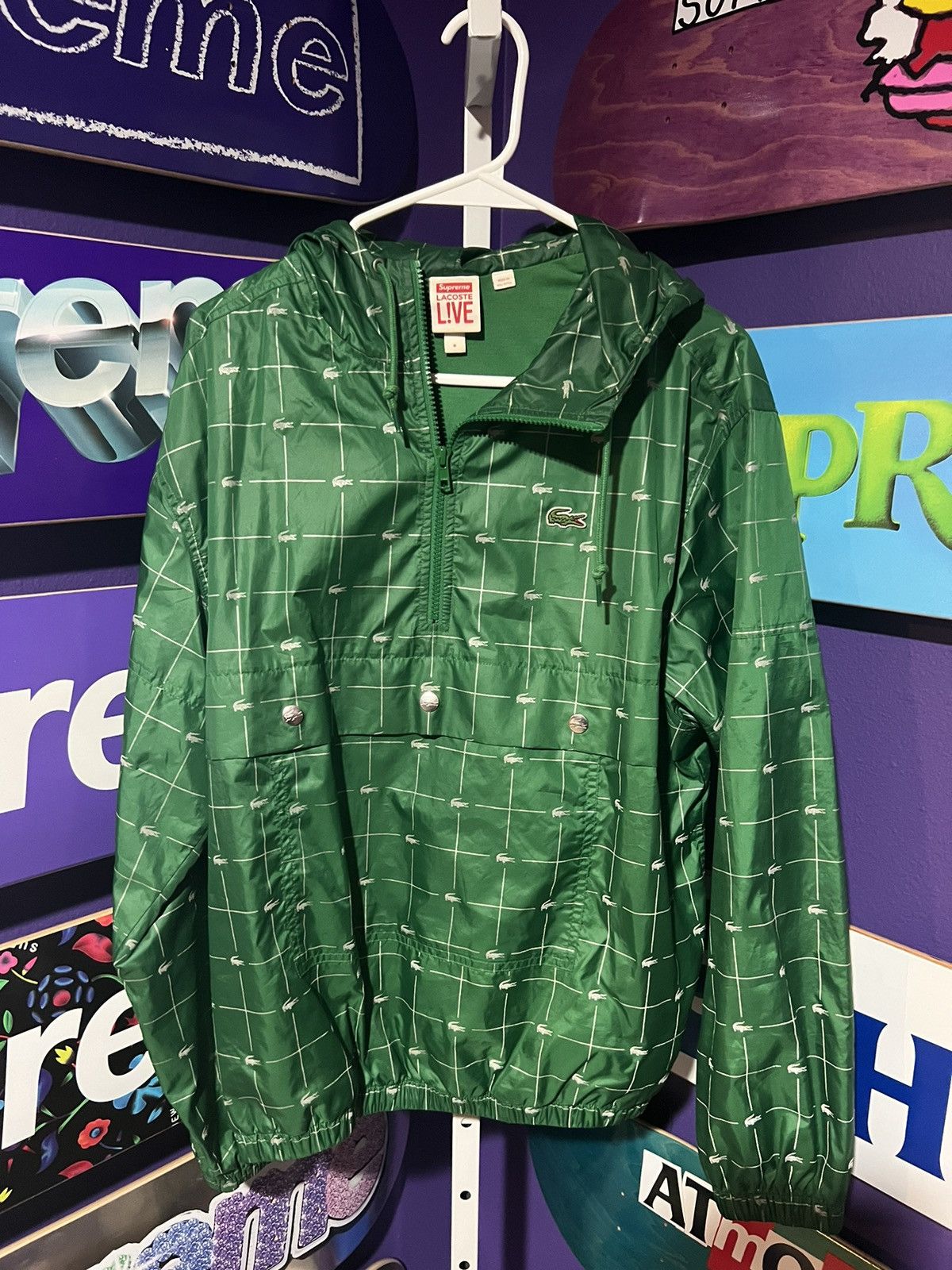 image of Lacoste Reflective Grid Nylon Anorak in Green, Men's (Size Medium)