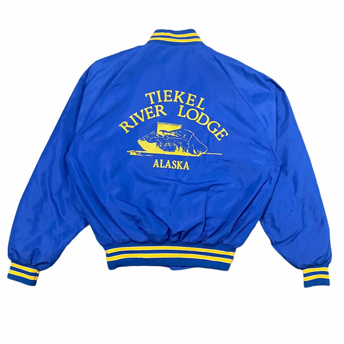 image of Dunbrooke x Varsity Jacket Alaska Tiekel River Lodge Varsity Jacket in Blue, Men's (Size Medium)