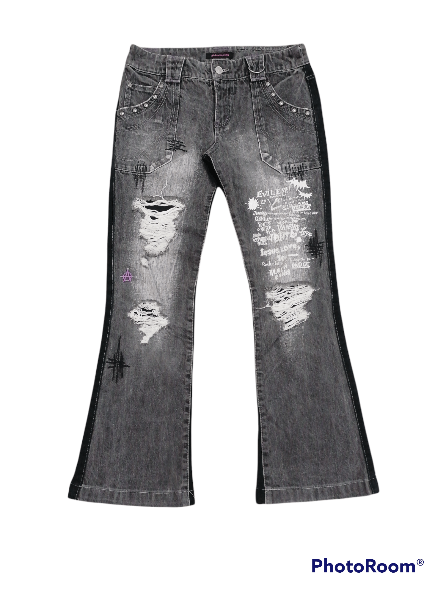 Japanese Brand Algonquins Anarchy Rip Distressed Flare Denim Pants Size US 28 / EU 44 - 1 Thumbnail