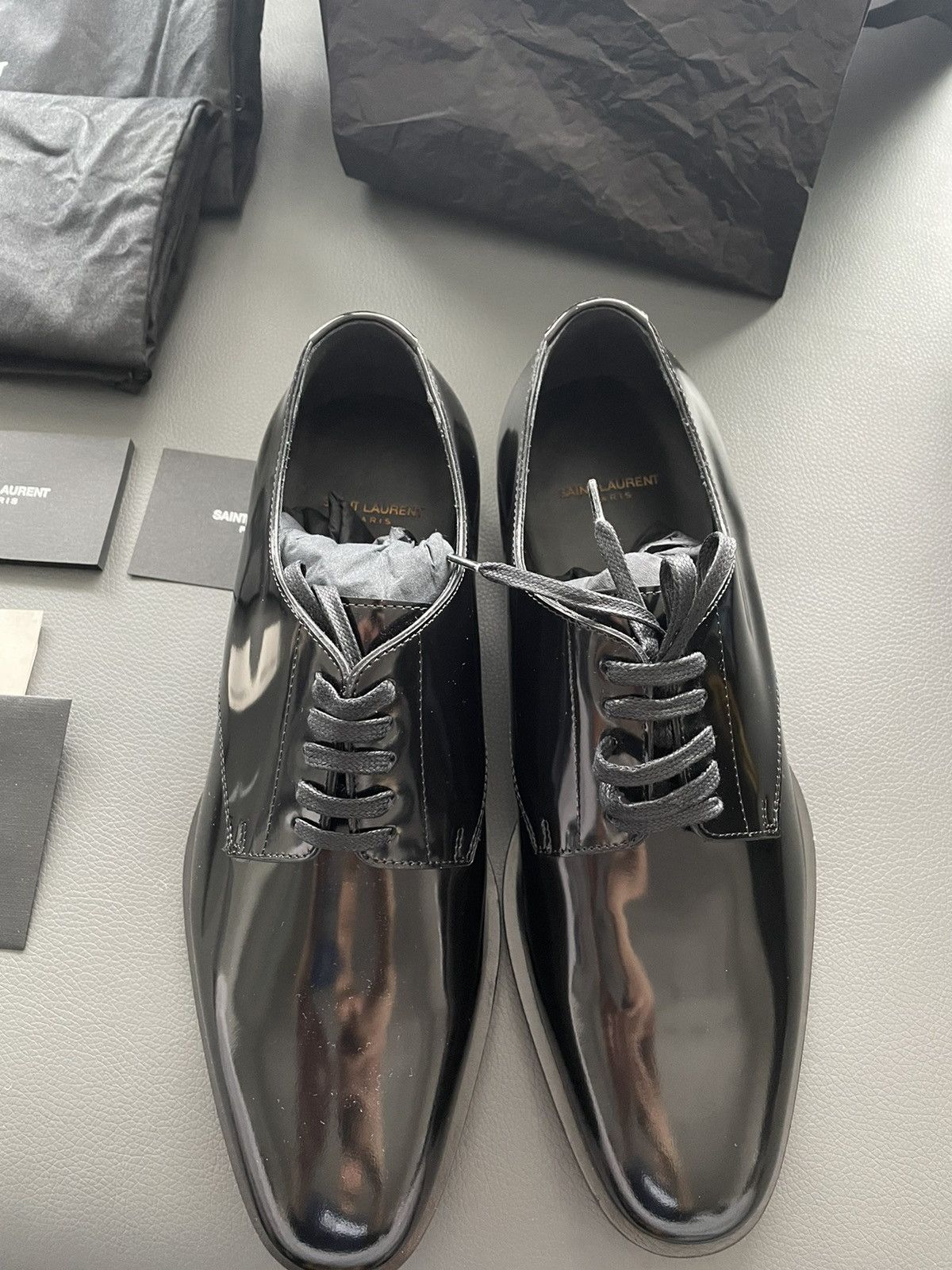 image of Hedi Slimane x Saint Laurent Paris Super 2015 Runway Hedi Le Smoking Derby Leather Shoes in Black (