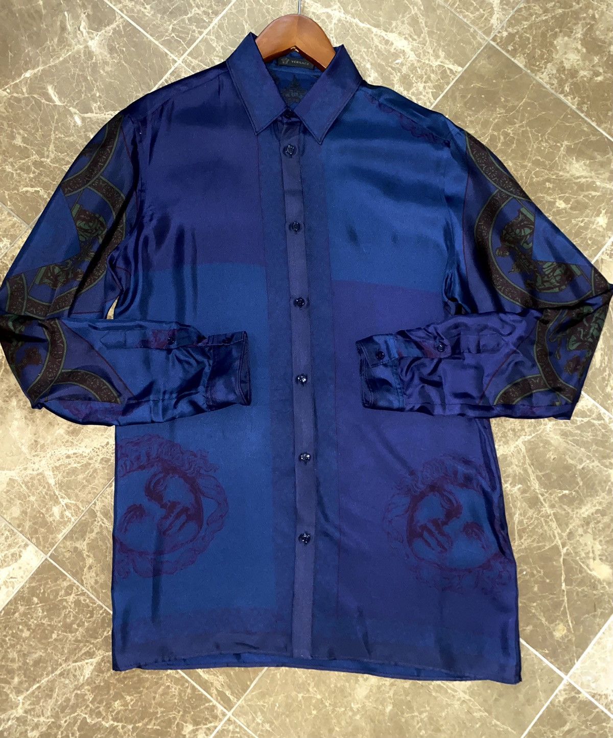 image of Aw2018 Versace Medusa Blue Silk Patterned Button Up Shirt, Men's (Size Large)