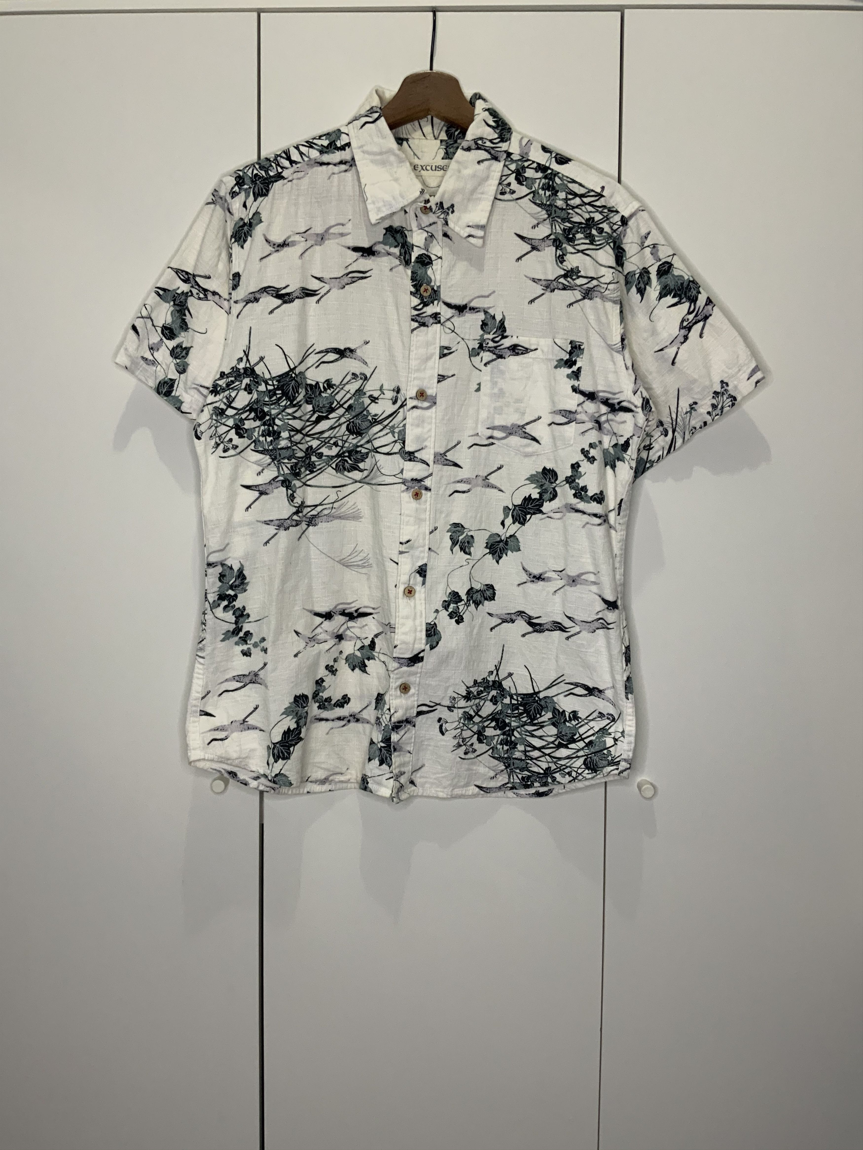 image of Avant Garde Excuse Full Print Camp Collar Streetwear Shirt in White, Men's (Size Large)