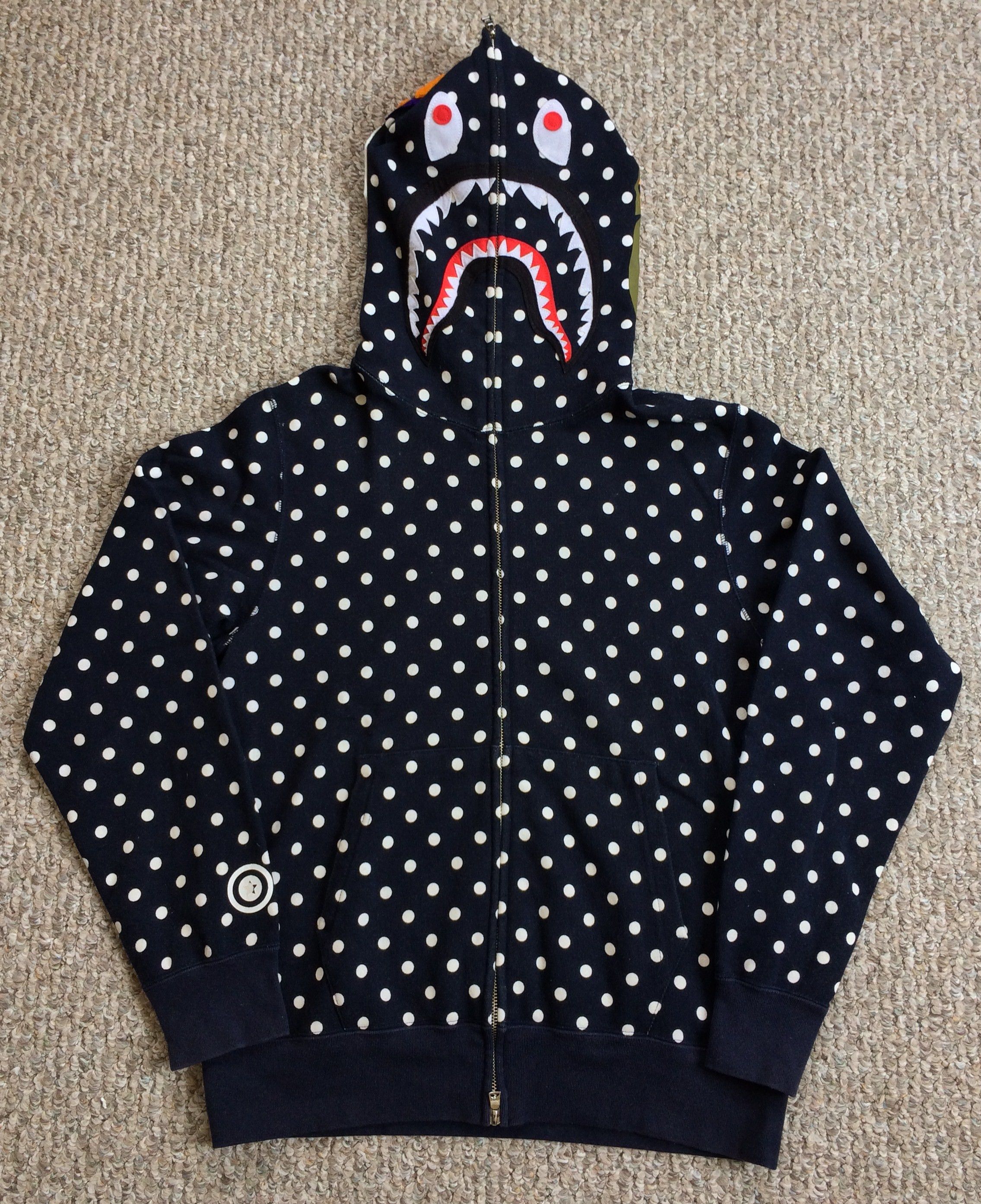 image of Bape Polka Dot Shark Full Zip Hoodie in Navy, Men's (Size Medium)